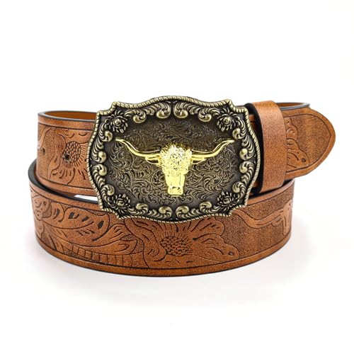 Männer und Frauen Western Cowboy Gürtel, Bullhead Big Plate Schnalle Trendy Retro Soziale Jugend Männer Punk PU Ledergürtel，braun von Ausune