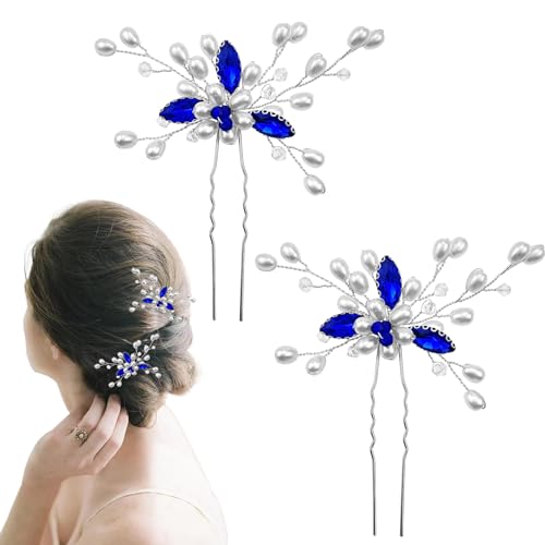 Haarnadeln mit Blume, Perlen, Strass, Brautschmuck, Haarschmuck, Strass, Haarteil für Damen und Mädchen, Blau, 2 Stück von Auswalar