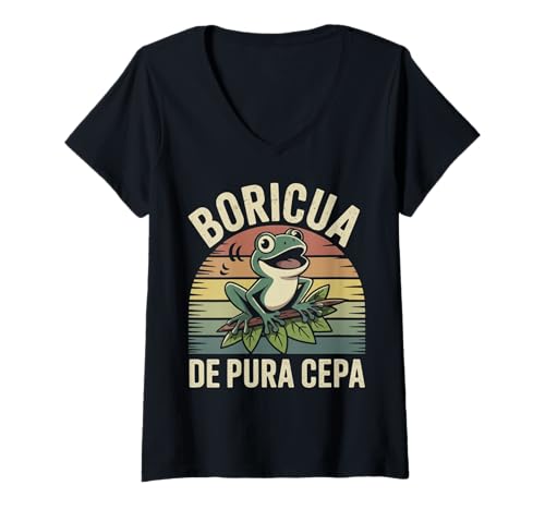 Damen Boricua De Pura Cepa Froschgrafik T-Shirt mit V-Ausschnitt von Authentic Boricua Heritage Frog Design