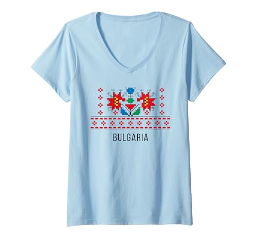 Damen Traditionelles bulgarisches Shevitsa-Motiv T-Shirt mit V-Ausschnitt Damen Traditionelles bulgarisches Shevitsa-Motiv T-Shirt mit V-Ausschnitt von Authentic Bulgarian Cultural