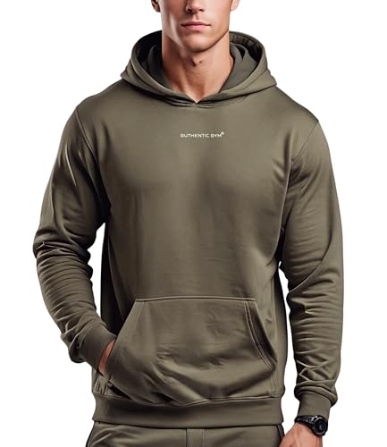 Authentic Gym® Herren Kapuzenpullover – Gym Sweatshirt – Langarm – Training – Hoodie – Hochwertige Baumwollmischung Männer (DE/NL/SE/PL, Alphanumerisch, S, Regular, Regular, Olivegrün) von Authentic Gym