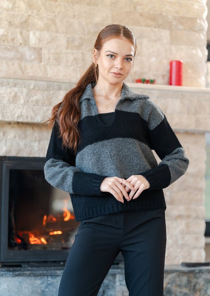Authentic Klein Strickpullover zweifarbigen Strickpullover mit V-Ausschnitt und Kragen von Authentic Klein