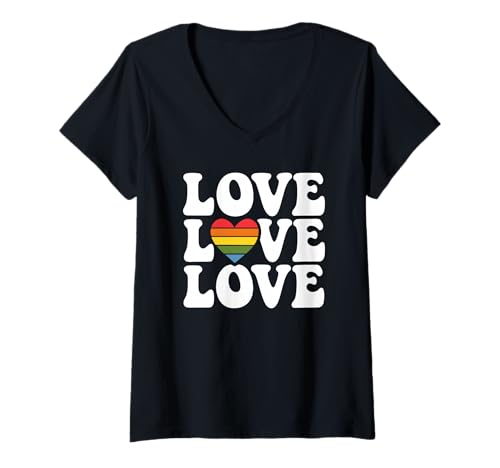 Damen Retro Love Rainbow Heart Pride Grafikdesign Positive Vibes T-Shirt mit V-Ausschnitt Damen Retro Love Rainbow Heart Pride Grafikdesign Positive Vibes T-Shirt mit V-Ausschnitt von Authentic LGBTQ+ Positive Expression Apparel Co.