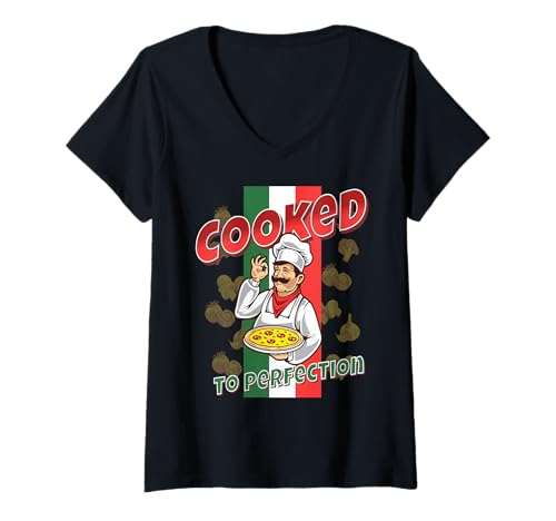 Damen Perfekt Gekochter Italienischer Pizza Koch Szene T-Shirt mit V-Ausschnitt Damen Perfekt Gekochter Italienischer Pizza Koch Szene T-Shirt mit V-Ausschnitt von Authentische Italienische Pizza Pasta Küche