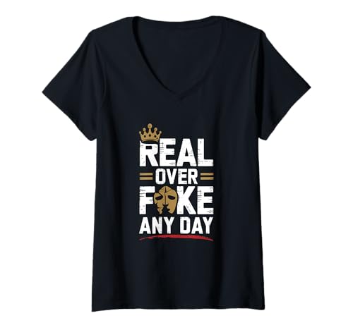 Damen Real Over Fake the Statement Streetwear Types T-Shirt mit V-Ausschnitt Damen Real Over Fake the Statement Streetwear Types T-Shirt mit V-Ausschnitt von Authntk