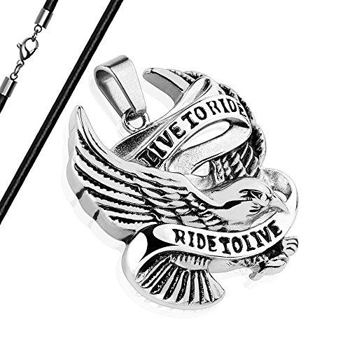 Anhänger Live to Ride Adler Biker Halskette Lederkette Kugelkette Gothic Herren Damen Silber-mit-lederkette von Autiga