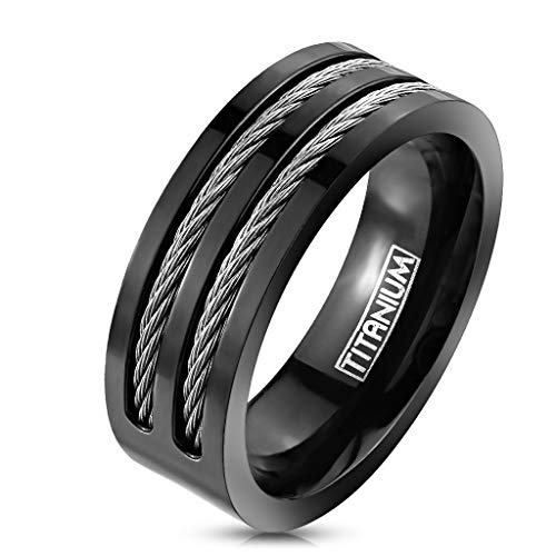 Autiga® Herren-Ring Titanium Titan Stahlseil Wire Inlays schwarz black schwarz-silber 64 - Ø 20,57 mm von Autiga