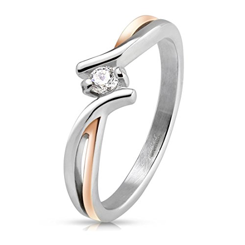 Autiga Edelstahl Ring Damen Solitärring Verlobungsring Zirkonia Kristall Zweifarbig Silber Rosegold silber-rosegold 59 - Ø 18,95 mm von Autiga