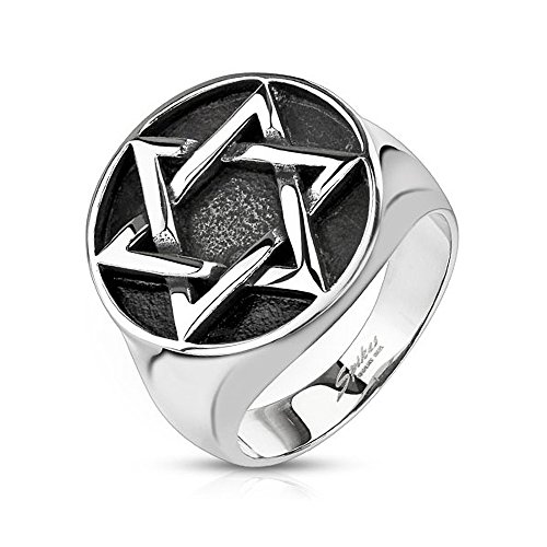 Autiga Edelstahl Ring Herren Davidstern Biker Hexagramm Gothic Massiv Silber-schwarz 67 - Ø 21,39 mm von Autiga