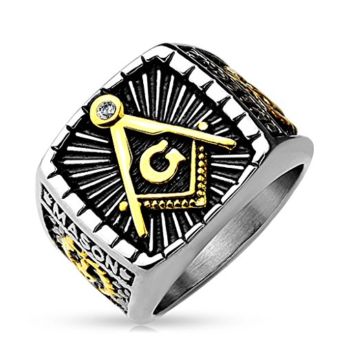 Autiga Freimaurer Ring Herren Edelstahl Tempelritter Ring Masonic Siegelring Symbol G Winkel und Zirkel silber 59 - Ø 18,95 mm von Autiga