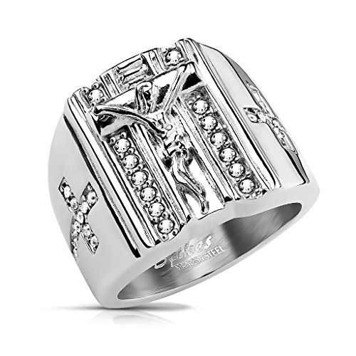 Autiga Herrenring Edelstahl Herren Ring Jesus Kreuz Cross Zirkonia Männer Silber 62 - Ø 19,76 mm von Autiga