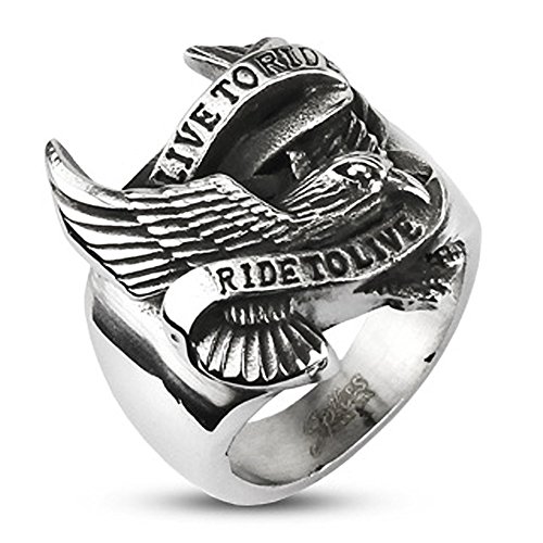 Autiga Live to Ride - Ride to Live Biker Ring Adler Flügel Herren Männer Edelstahl silber 62 - Ø 19,76 mm von Autiga