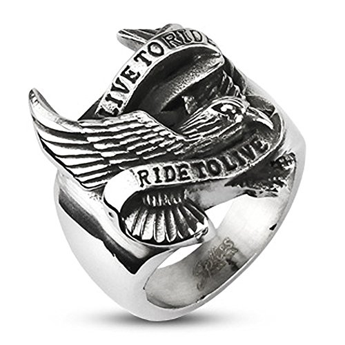 Autiga Live to Ride - Ride to Live Biker Ring Adler Flügel Herren Männer Edelstahl Silber 64 - Ø 20,57 mm von Autiga