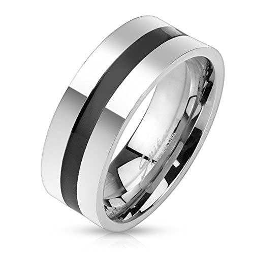Autiga Ring Edelstahl Damen Herren Hochglanzpoliert Schwarzer Streifen Bandring Silber-schwarz 70 - Ø 22,20 mm von Autiga