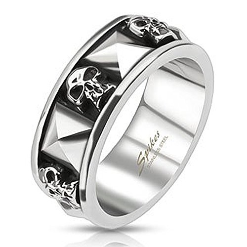 Autiga Ring Edelstahl Herren Totenkopf Pyramide Biker Skull Gothic Silber Silber-schwarz 59 - Ø 18,95 mm von Autiga