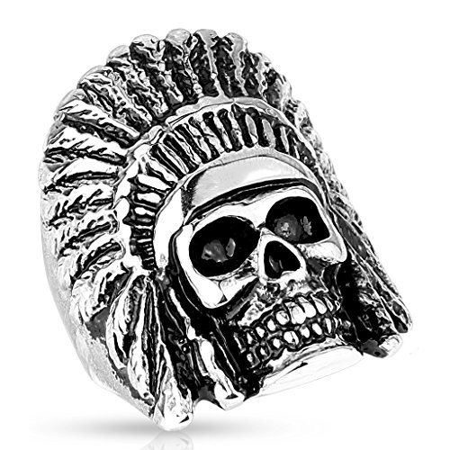 Autiga Ring Herren Totenkopf Indiander Biker Skull Gothic Punk Massiv Rocker Edelstahl Silber 70 - Ø 22,20 mm von Autiga