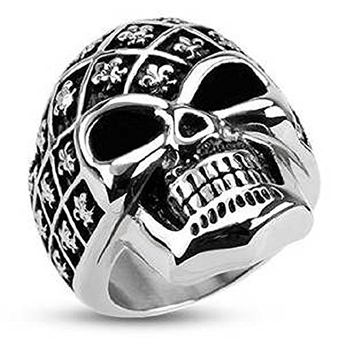 Autiga Totenkopf Ring Herren Edelstahl Biker Skull Helm Ring Gothic Massiv Fleur de Lis silber 64 - Ø 20,57 mm von Autiga