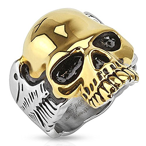 Autiga Totenkopf Ring Herren Edelstahl Flügel Biker Skull Gothic Massiv Zweifarbig Gold Silber Punk Rocker Silber-Gold 70 - Ø 22,20 mm von Autiga