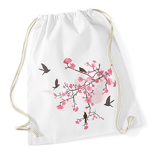 Autiga Turnbeutel Kirschblüten Vögel Vogel Blumen Blüten Flower Cherry Tree Birds weiß unisize von Autiga