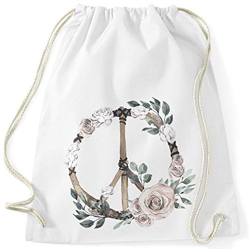 Autiga Turnbeutel Peace-Symbol Blumen Flowerpower Hippie Boho Bohemian weiß unisize von Autiga