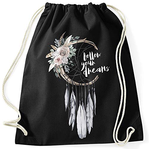 Autiga Turnbeutel Traumfänger Dreamcatcher Follow your Dreams Spruch Blumen Federn Spruch schwarz unisize von Autiga