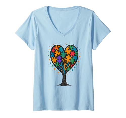 Damen Autismus-Herzbaum | Love Needs No Words Autismus-Grafik T-Shirt mit V-Ausschnitt Damen Autismus-Herzbaum | Love Needs No Words Autismus-Grafik T-Shirt mit V-Ausschnitt von Autism Apparel Co