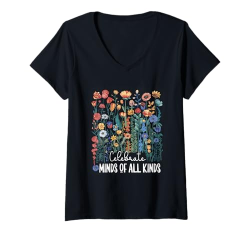 Damen Autismus-Bewusstsein feiert Geister Aller Arten Wildblumen T-Shirt mit V-Ausschnitt von Autism Awareness Celebrate Minds Of All Kind