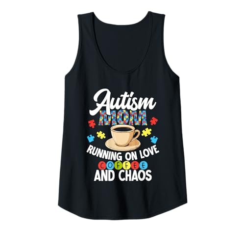Damen Autismus-Mutter rennt auf Liebe, Kaffee, Chaos Autismus-Bewusstsein Tank Top von Autism Awareness Gifts For Autism Mom & Autism Dad