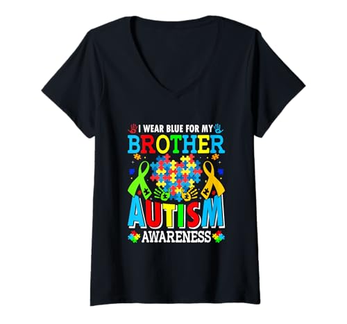 Damen Ich trage Blau für Meinen Bruder Autismusbewusstsein autistische Kinder T-Shirt mit V-Ausschnitt von Autism Awareness Mom Dad Son Daughter Apparel Co.