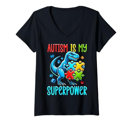 Damen Autism Is My Superpower Dinosaurier Puzzle T-Rex Autistic Kid T-Shirt mit V-Ausschnitt Damen Autism Is My Superpower Dinosaurier Puzzle T-Rex Autistic Kid T-Shirt mit V-Ausschnitt von Autism Awareness Month Dinosaur Autistic Boys Kids