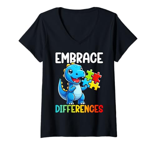 Damen Embrace Differences Dinosaurier-Puzzle T-Rex Autistic Kid T-Shirt mit V-Ausschnitt von Autism Awareness Month Dinosaur Autistic Boys Kids