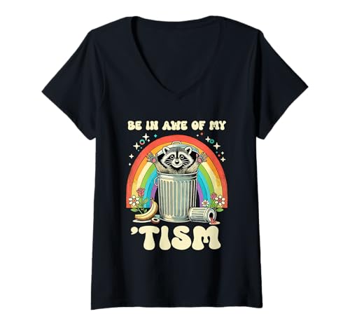 Damen Seien Sie beeindruckt von meinem Sarkasmus zum Autistischen Waschbären zum Autismus-Tag T-Shirt mit V-Ausschnitt von Autism Awareness Month Raccoon Autistic Pride Day