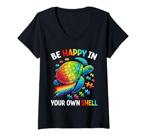 Damen Be Happy In Your Own Sheel Sea Turtle Autismus People Autistic T-Shirt mit V-Ausschnitt von Autism Awareness Month Sea Turtle Autistic People
