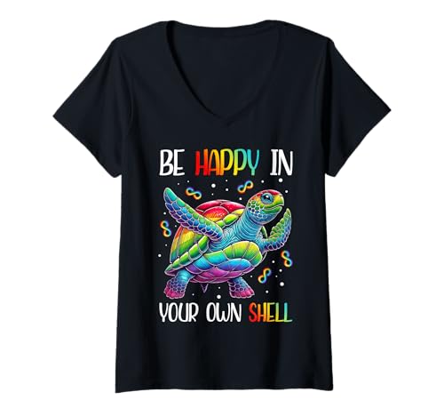 Damen Be Happy In Your Own Sheel Sea Turtle Autismus People Autistic T-Shirt mit V-Ausschnitt von Autism Awareness Month Sea Turtle Autistic People