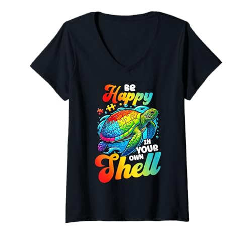 Damen Be Happy In Your Own Sheel Sea Turtle Autismus People Puzzle T-Shirt mit V-Ausschnitt von Autism Awareness Month Sea Turtle Autistic People