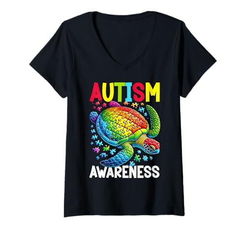 Damen Meeresschildkröte Autismus Bewusstsein Puzzle Autismus Unterstützung FIghter T-Shirt mit V-Ausschnitt von Autism Awareness Month Sea Turtle Autistic People
