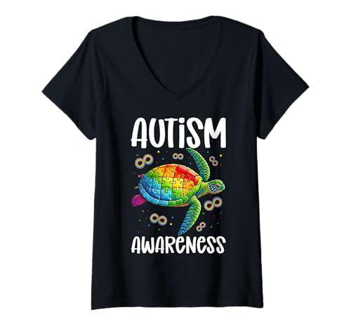 Damen Meeresschildkröte Autismus Bewusstsein Puzzle Autismus Unterstützung FIghter T-Shirt mit V-Ausschnitt von Autism Awareness Month Sea Turtle Autistic People