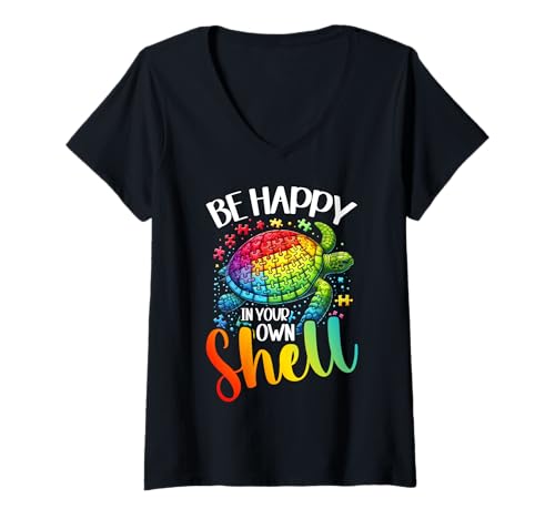 Damen Sei glücklich in deiner eigenen Muschel Tag zur Sensibilisierung für Meeresschildkröten gegen Autismus T-Shirt mit V-Ausschnitt von Autism Awareness Month Sea Turtle Autistic People