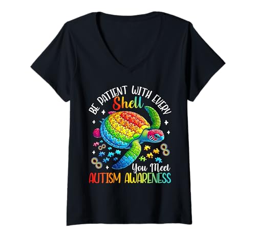 Damen Seien Sie geduldig mit jeder Muschel, die Sie treffen, Autismus-Bewusstsein Schildkröte T-Shirt mit V-Ausschnitt von Autism Awareness Month Sea Turtle Autistic People