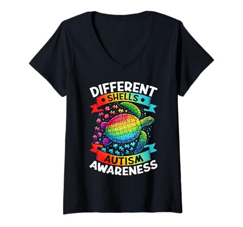 Damen Verschiedene Muscheln Autismus Bewusstsein Meeresschildkröte Autistic Pride T-Shirt mit V-Ausschnitt von Autism Awareness Month Sea Turtle Autistic People