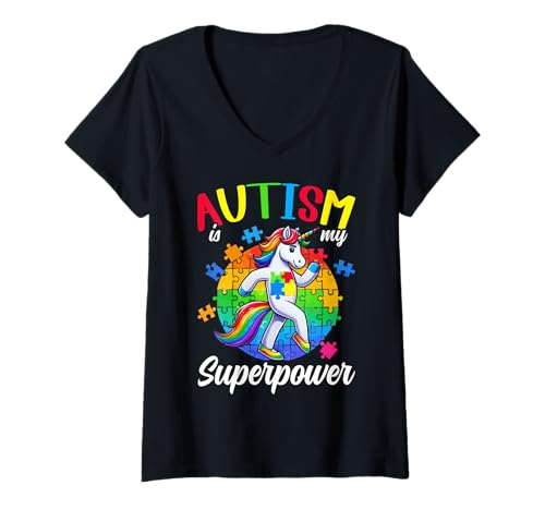 Damen Autismus ist meine Superkraft Unicorn Lover Fighter Support T-Shirt mit V-Ausschnitt von Autism Awareness Month Unicorn Autistic Girls Kids