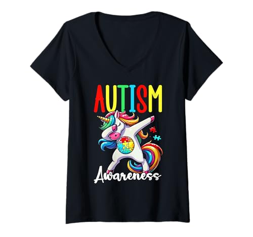 Damen Einhorn Autismus Bewusstsein Pride Day Puzzle Support Fighter T-Shirt mit V-Ausschnitt von Autism Awareness Month Unicorn Autistic Girls Kids