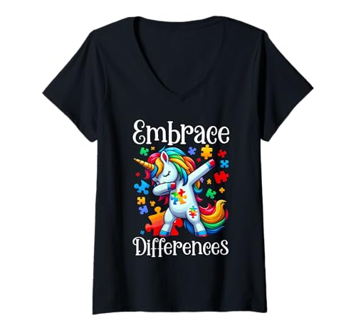 Damen Embrace Differences Dabbing Unicorn Lover Puzzle Autismus T-Shirt mit V-Ausschnitt von Autism Awareness Month Unicorn Autistic Girls Kids