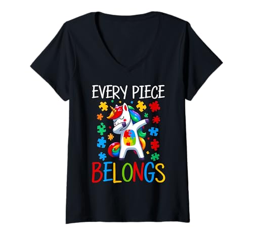 Damen Jedes Stück gehört Dabbing Unicorn Autism Pride Autistic T-Shirt mit V-Ausschnitt von Autism Awareness Month Unicorn Autistic Girls Kids