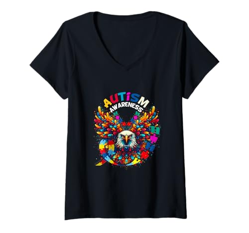 Damen Autismus-Bewusstseins-Puzzleteile Adlerfamilie Gesundheitsunterstützung T-Shirt mit V-Ausschnitt Damen Autismus-Bewusstseins-Puzzleteile Adlerfamilie Gesundheitsunterstützung T-Shirt mit V-Ausschnitt von Autism Awareness Puzzle Pieces Eagle Health