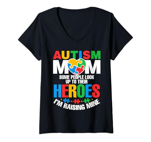 Damen Autism Mom Raising Hero Groovy Messy Bun Autism Awareness T-Shirt mit V-Ausschnitt von Autism Awareness Shirt T-Shirt