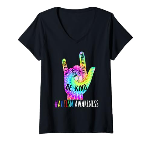 Damen Be Kind ASL Love Sign Language Hand Autism Awareness T-Shirt T-Shirt mit V-Ausschnitt von Autism Awareness Shirt T-Shirt