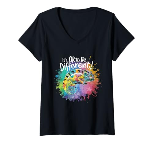Damen Autismus-Bewusstsein Chamäleon-Tier It's Ok to Be Different T-Shirt mit V-Ausschnitt Damen Autismus-Bewusstsein Chamäleon-Tier It's Ok to Be Different T-Shirt mit V-Ausschnitt von Autism Awareness Support Acceptance Cameleon Tees