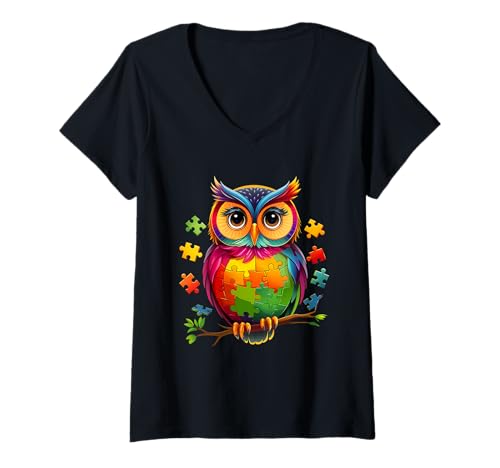 Damen Autismus-Bewusstsein Eule Tier Puzzle It's Ok to Be Different T-Shirt mit V-Ausschnitt Damen Autismus-Bewusstsein Eule Tier Puzzle It's Ok to Be Different T-Shirt mit V-Ausschnitt von Autism Awareness Support April Autism Month Tees