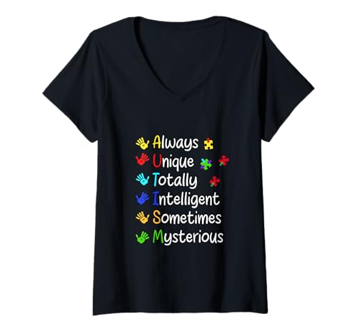 Damen Immer einzigartiges Puzzle-Handabdruck-Design zur Sensibilisierung für Autismus T-Shirt mit V-Ausschnitt von Autism Awareness Support Puzzle Piece Handprint